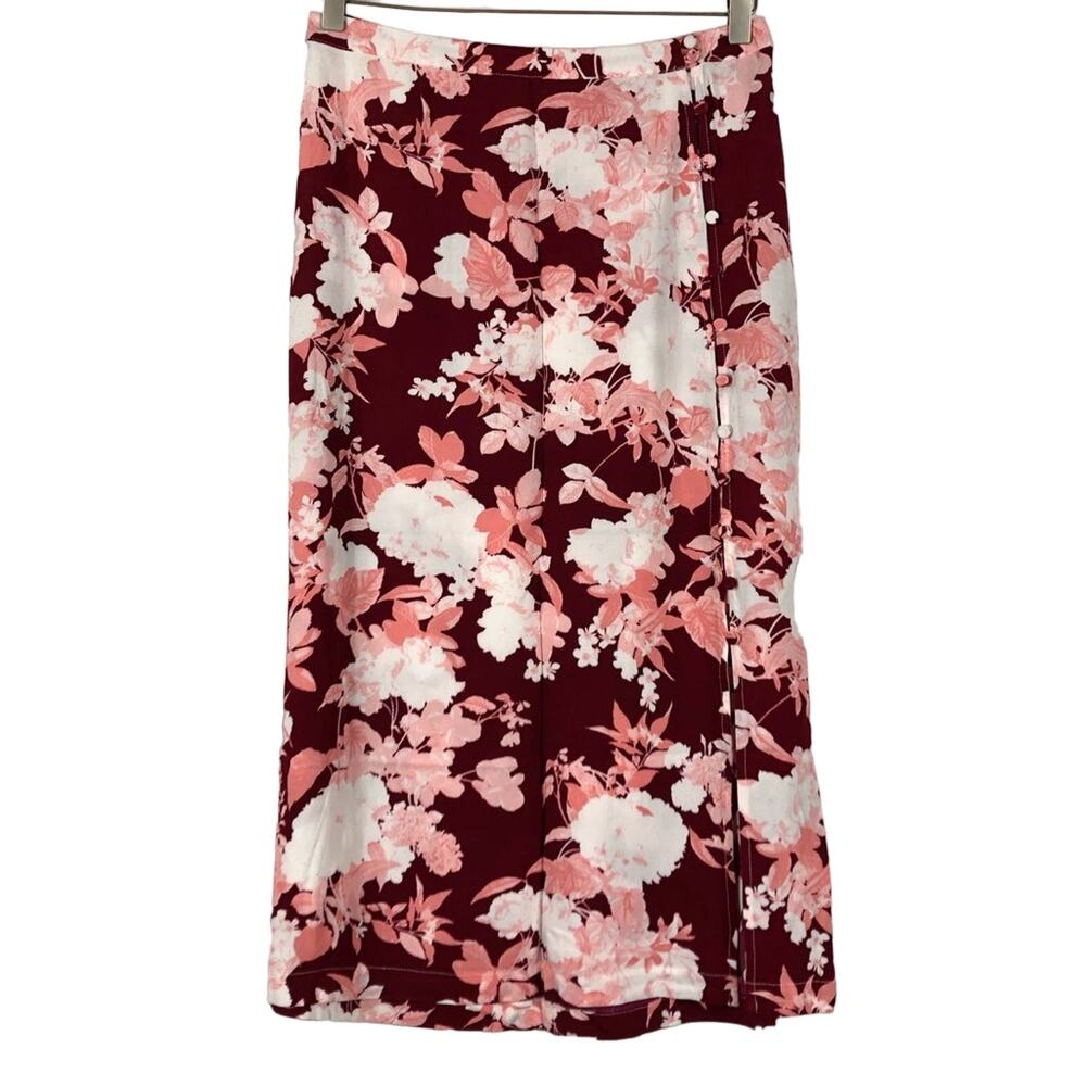 CHELSEA28 Floral Print Midi Skirt Red Pink Button Side Women's Size Small